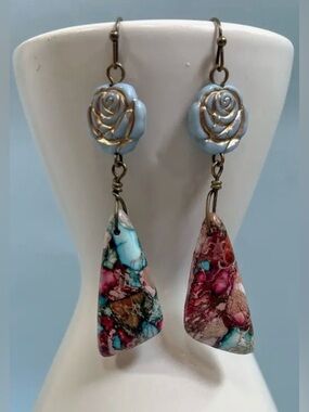 Nava Multicolor Natural Stone Dangle Earrings with Rose Accents